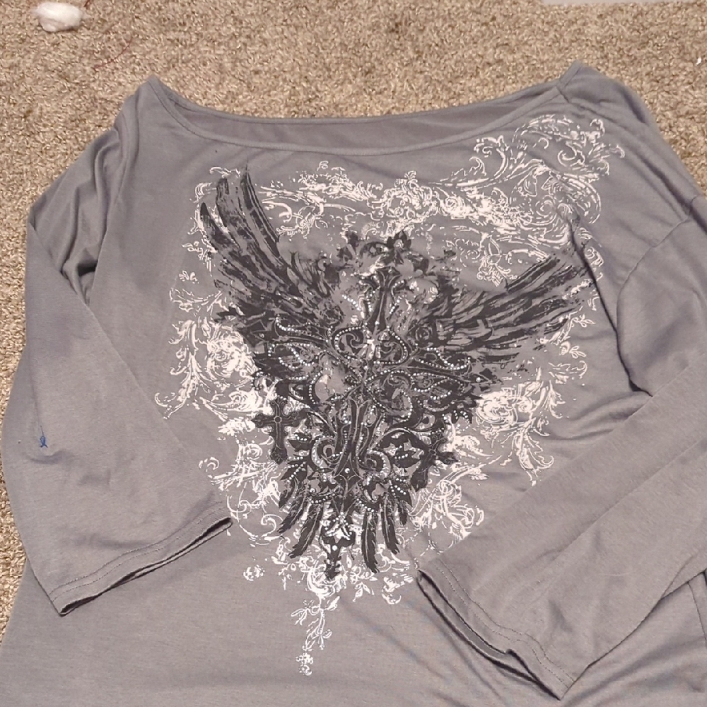 ROMWE Gray Graphic 3/4 Sleeve Tee